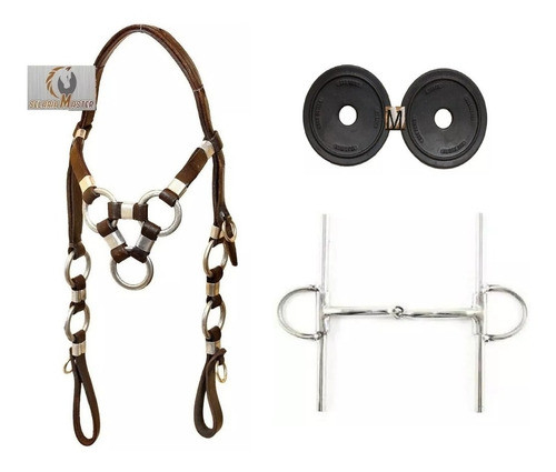 Cabeçada Couro 3 Argolas Testeira Bridão Agulha Protetor 0