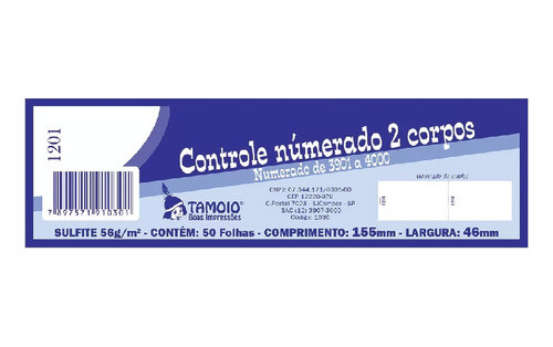 Bloco Talão De Controle Numerado 2 Corpos 100 Folhas Tamoio 0