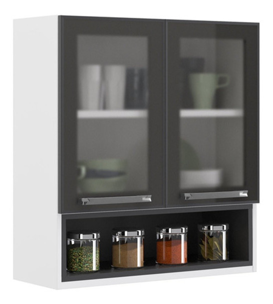 Armário Em Aço 70cm 2 Portas De Vidro E Nicho De Madeira 0