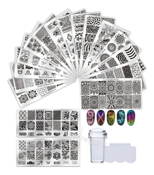Kit De Placa Metal Para Stamping Sello Decoración Nail Art 0