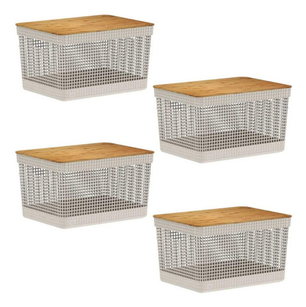 4x Cesto 20l Organizador Ou Grid Bege Com Tampa De Bambu 0 4x Cesto 20l Organizador Ou Grid Bege Com Tampa De Bambu 0
