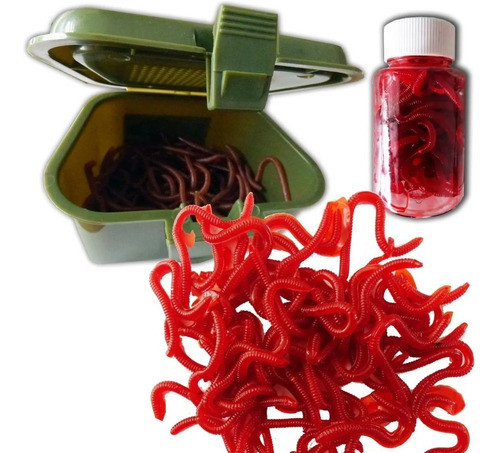 Caja Lombricecera + 60 Señuelo Goma 7 Cm Lombriz Pesca 0