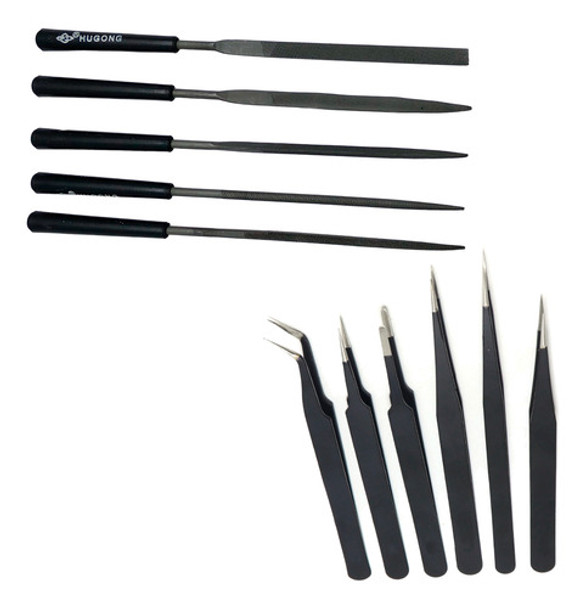 Kit Herramientas Mini Limas Y 6 Pinzas Brucelas De Precision 0