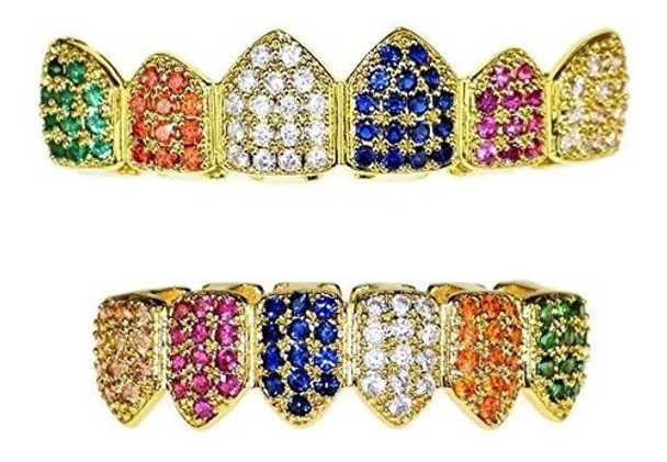 Chapado En Oro 18 K Payaso Grillz Set Multicolor Cz Bling Ci 0