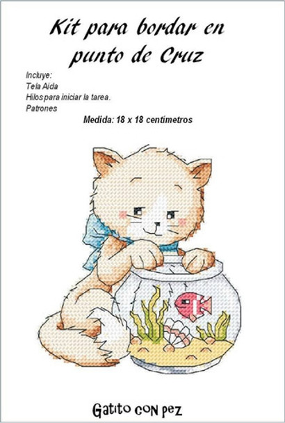 Kit Punto De Cruz, Tela, Hilo Y Patrones - Gatito Con Pez 0