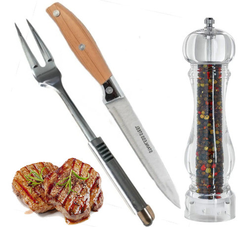 Set De Asado Cuchillo + Tenedor Parrillero Acero + Pimentero 0