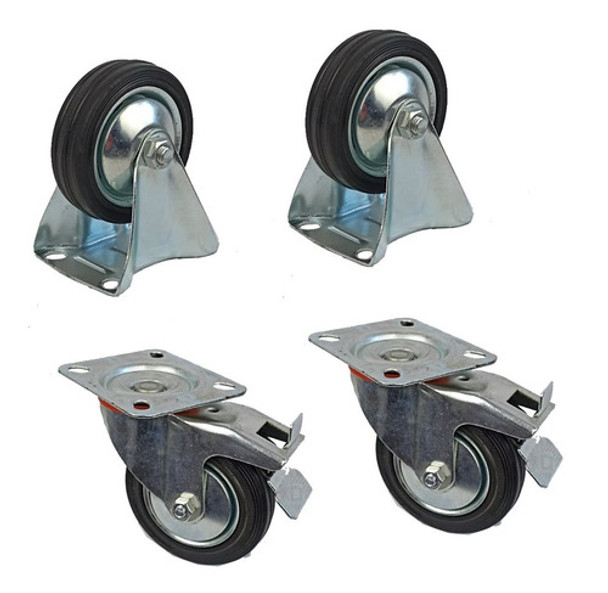 4 Rueda Goma 2 Fijas + 2 Giratoria C/freno 75mm Para Carro. 0