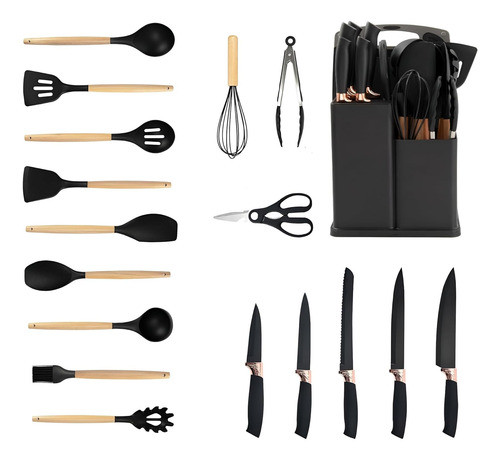 Utensilios Cocina Silicona Con Cuchillos 19pzas Negro 0