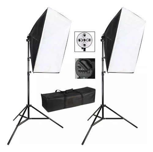2 Softbox 5 Lámparas 60x90cm  Luz Continua + 2 Trípode 2mts 0