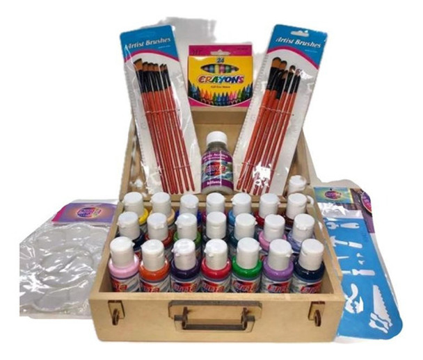 Valija 21 Acrilicos, Barniz, Stencil, 12 Pincel Y 12 Crayone 0 Valija 21 Acrilicos, Barniz, Stencil, 12 Pincel Y 12 Crayone 0