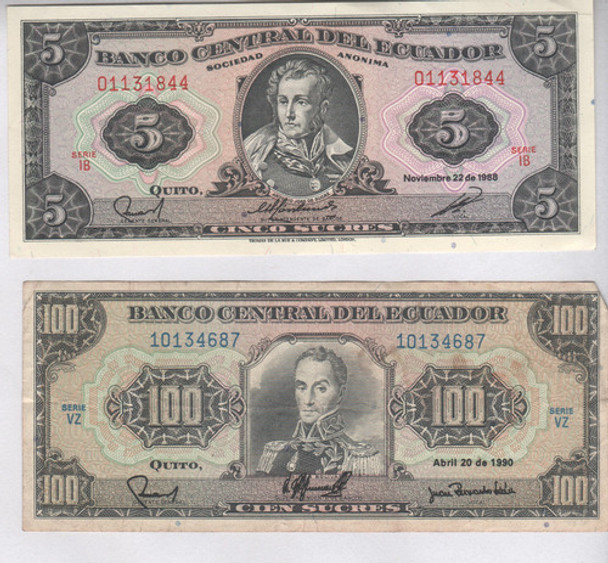 2 Antiguos Billete De ** Ecuador ** 5 Y 100 Sucres - Años 80 0 2 Antiguos Billete De ** Ecuador ** 5 Y 100 Sucres - Años 80 0