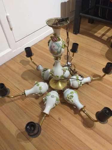 Lampara De Colgar Bronce Y Porcelana 0