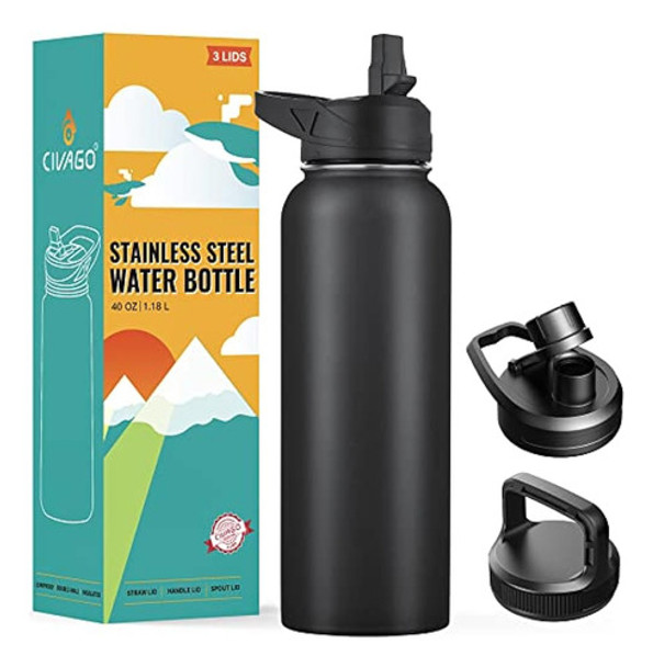 Civago Botella De Agua Aislada De 40 Oz Con Pajita, Termo De 0