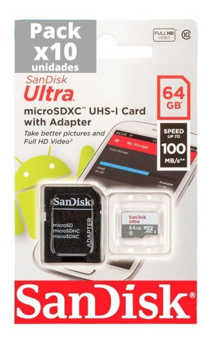 Pack X10 Tarjetas De Memoria Micro Sd64 Gb Sandisk Clase 10 0