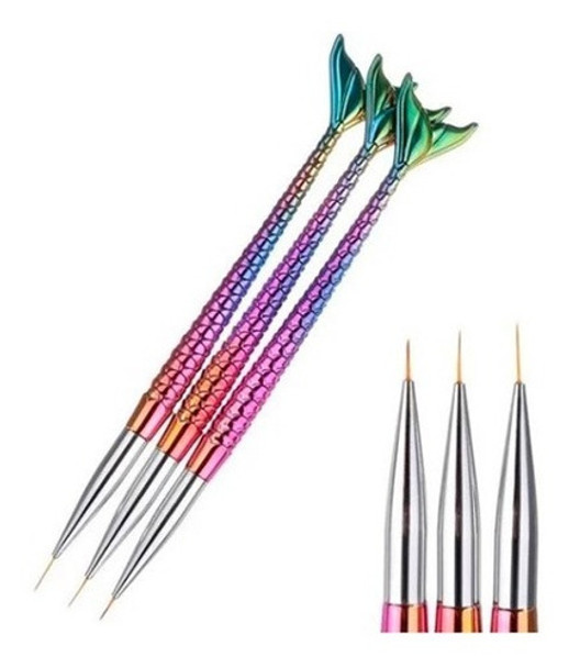 Set X3 Pinceles Liner Cola Sirena Decoración Uñas Nail Art 0