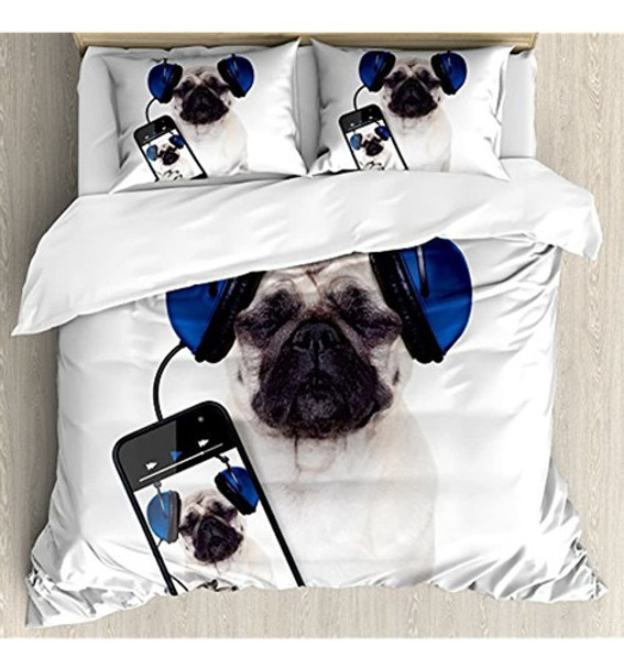 Juego De Funda Nórdica Pug Por Ambesonne, Perro Escuchando M 0