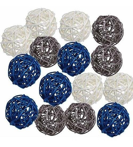 Esferas Decorativas De Ratan 15u./blanco Gris Azul 0