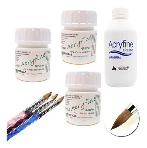 Kit 3 Acrilico Acryfine 30 Gs Polimeros +monomero + Pinceles 0