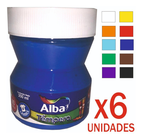 6 Tempera Tradicional Alba Pote 200ml Colores Básicos 0