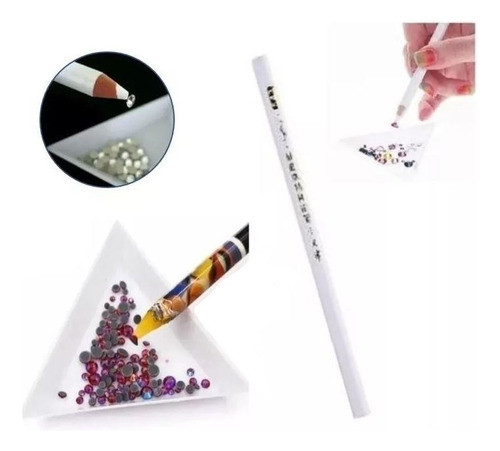 Plato Triangular + Lapiz Levanta Porta Strass Cristales Uñas 0