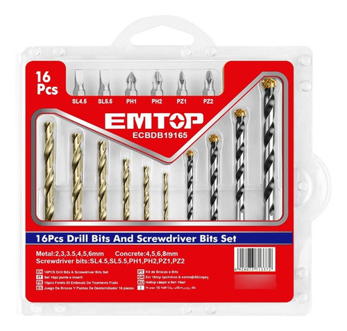 Juego De Mechas Puntas 16 Piezas Emtop Metal Pared Blister 0