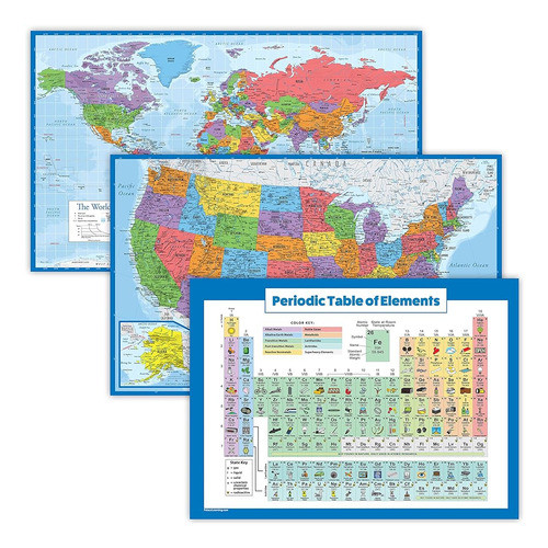 3 Pack - World & Usa Map Poster Set + Tabla Periódica De La 0
