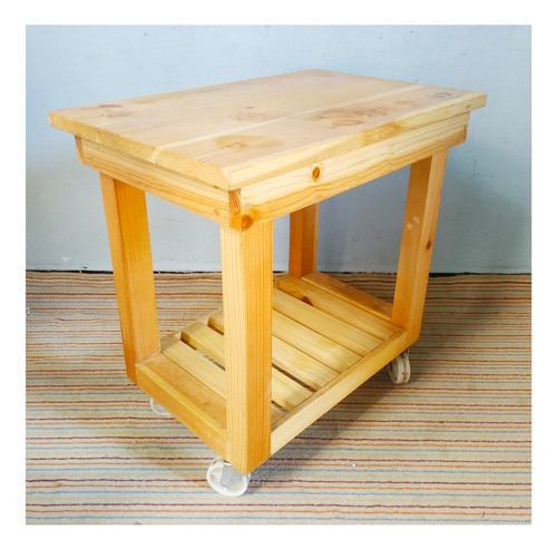 Mesa Auxiliar Rodante De Madera Maciza Natural Con Sello 0