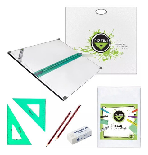 Kit Tablero Pizzini 50x60 De Dibujo Tecnico Escuadras Hojas 0