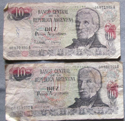 2 Billetes Argentina Antiguos 10 Pesos 0