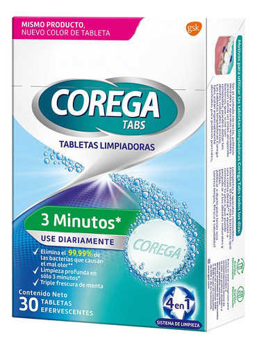 Corega 3 Minutos Limpieza Prótesis Dentales 30 Tabletas 0
