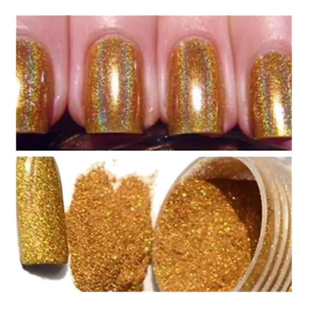 Polvo Gibre Glitter Dorado Holográfico Uñas Maquillaje 0