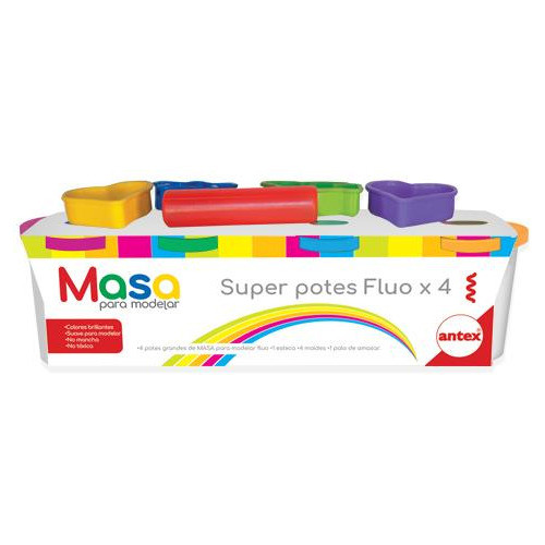 Antex Kit 4 Potes De Masa Fluo Con Moldes Palito Y Esteca 0