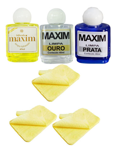 Kit 3un Maxim 40ml + 3un Flanela Limpa Chapeados Pratas Ouro 0