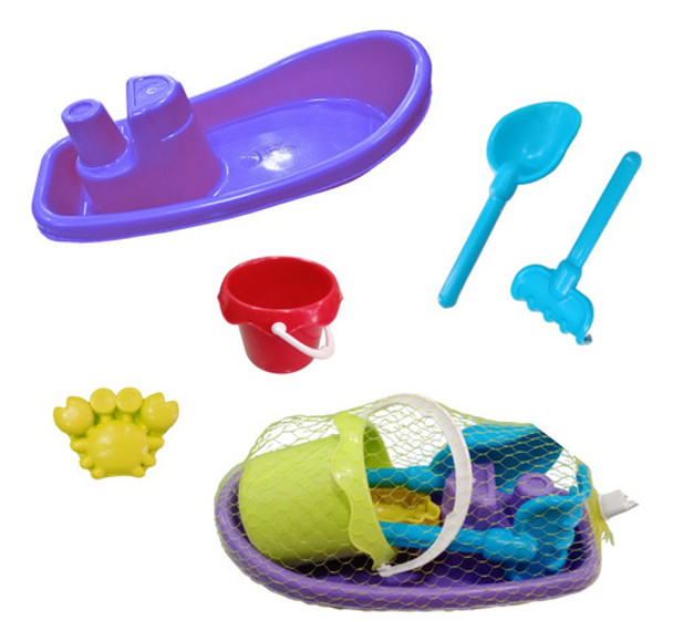 Set 5pz Playa Arena Molde Barco Rastrillo Pala Grande Niños 0