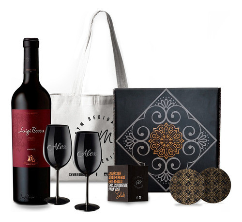 Box Set Vino Luigi Bosca Malbec Copas Negras Grabadas 0
