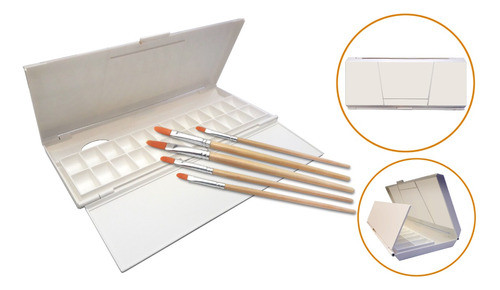 Paleta Pintor Rectangular Con Tapa Y Pinceles. 0