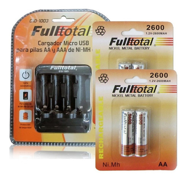 Combo 4 Pilas Aa Rec. Fulltotal 2600mah + Cargador De Pilas 0