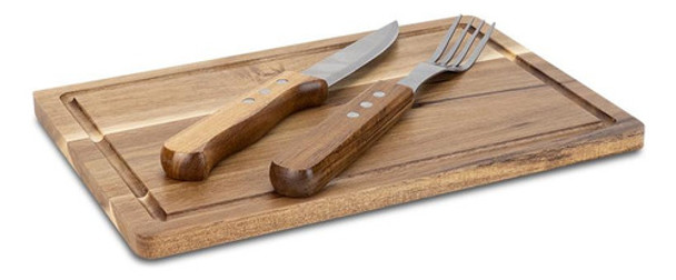 Set Parrilla Tabla Acacia Cuchilla Y Tenedor 0
