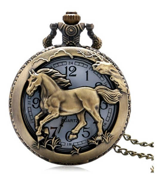 Relógio De Bolso Bronze Com Corrente Cavalo Estilo Antigo 0