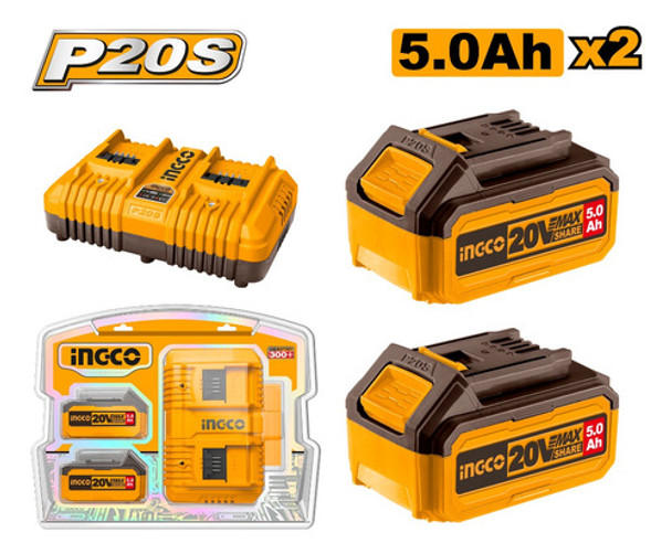 Set De 2 Baterias 20v 5.0 Amp + 1 Carg Doble Ingco Fbcpk2425 0