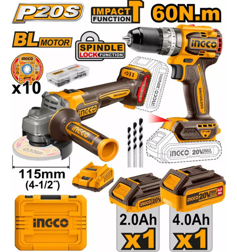 Kit Amoladora 20v + Taladro Atornillador 13mm Ingco +valija 0