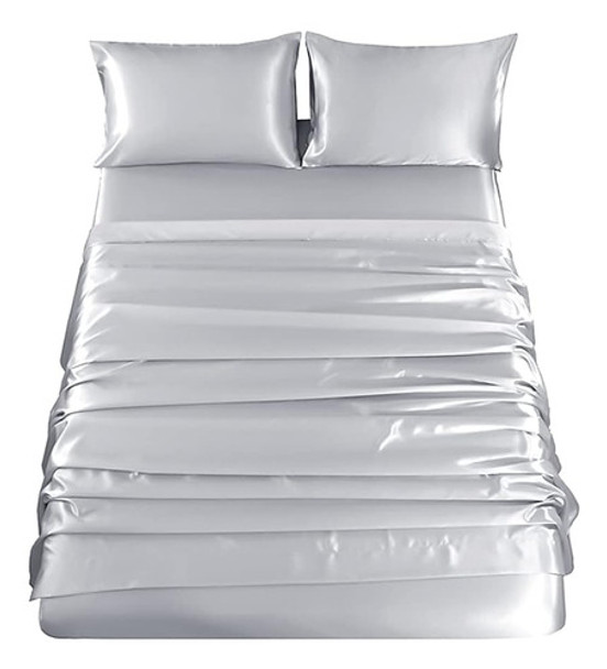 Sfoothome Silver Satin Bed Sheet Set , Satén Sábanas Queen S 0
