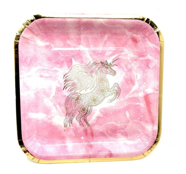 Platos  Unicornio Rosa Y Dorado 23 Cm  X 10 Unid Cumpleaños 0