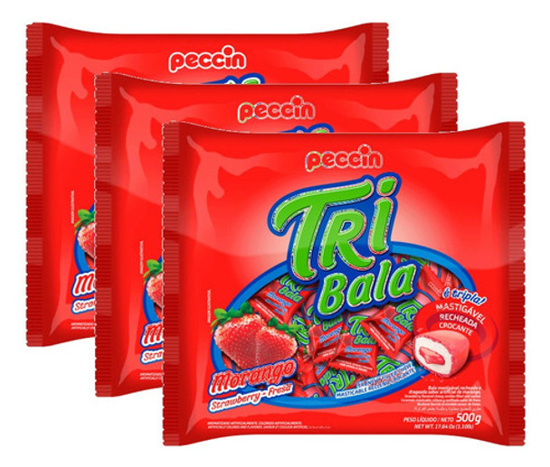 Kit 3 Bala Recheada Peccin Tribala Sabor Morango Saco 500g 0