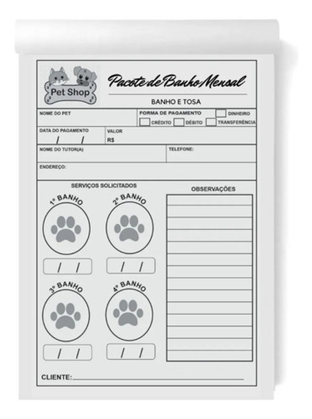 Bloco Pacote Banho E Tosa Mensal Petshop 100 Folhas 0