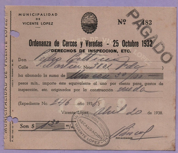 Antiguo Recibo Ordenanza De Cercos Y Veredas Vicente López 0