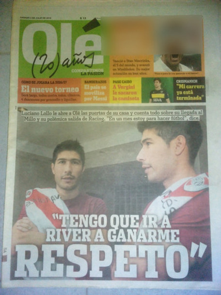 Diario Ole 2 Julio 2016 Lollo Del Potro  Wimbledon 0