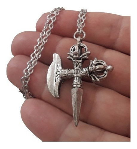 Collar Colgante Metal Plateado Macizo Hacha Vikinga Lanza 0