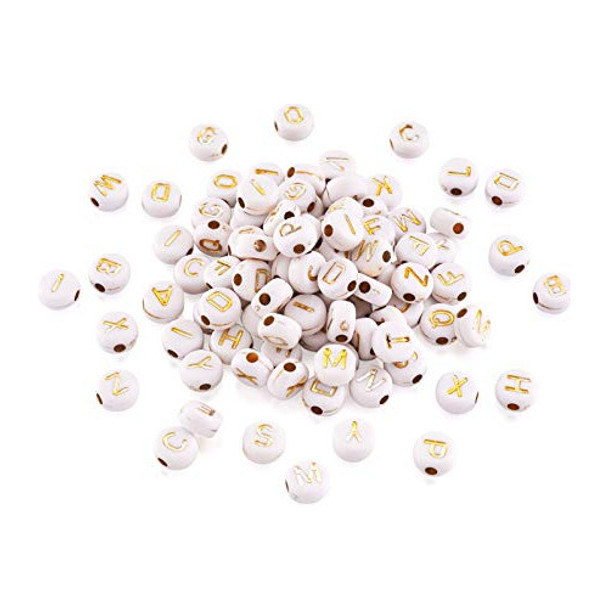 Cuentas Redondas Blancas Con Letras Doradas 7x4mm 200u 0