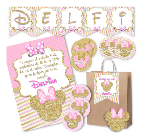 Kit Imprimible Minnie Glitter Dorado Editable Deco Candy Bar 0